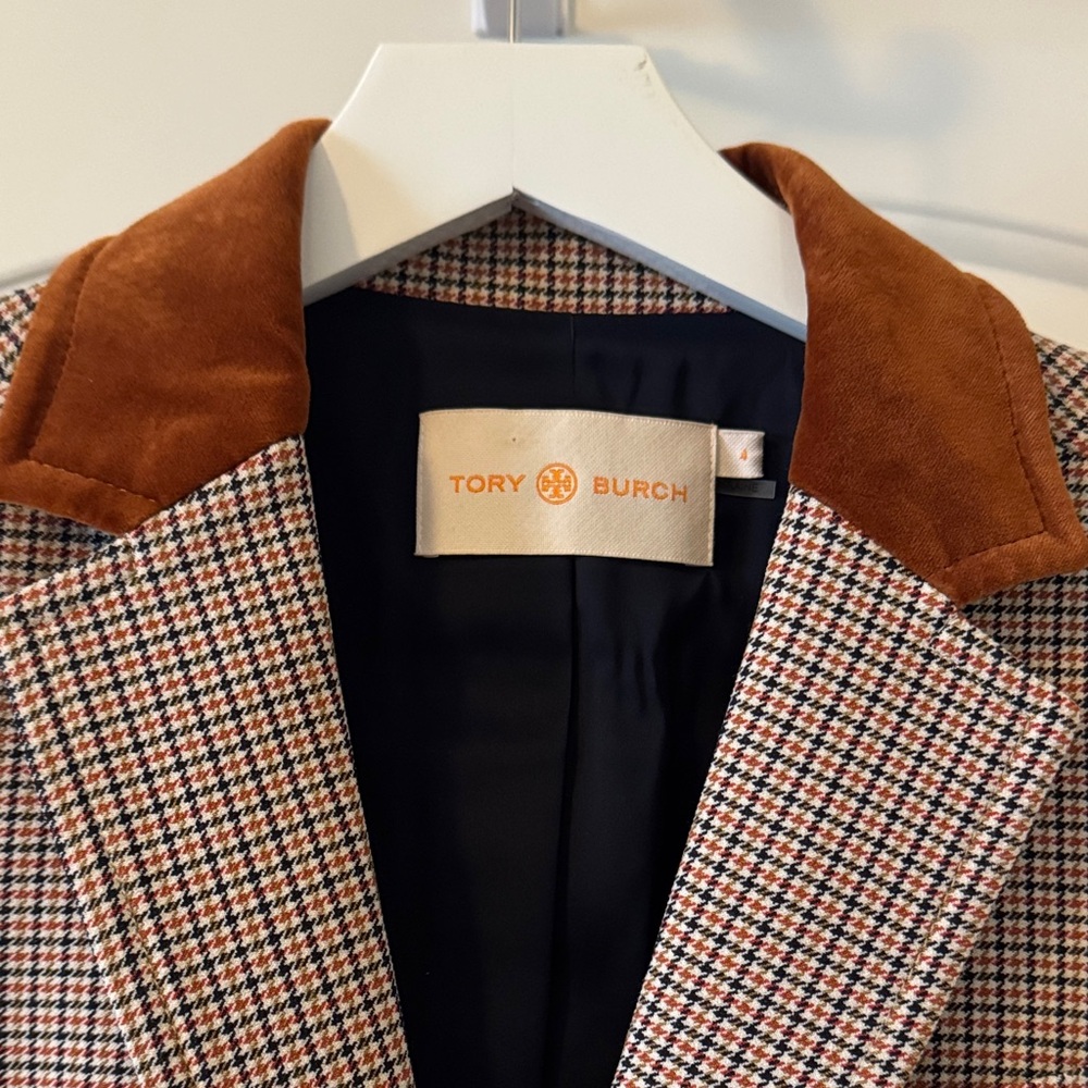 Tory Burch Checkered Blazer with Brown Collar - Picture 2 of 9